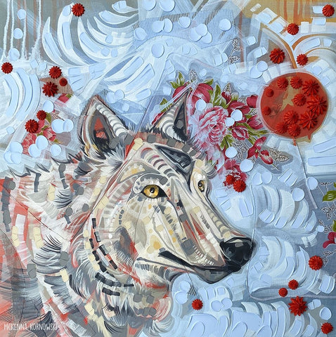 Wolf and Moon Black Ornate Wood Framed Art Print with Double Matting by Kornowski, McKenna