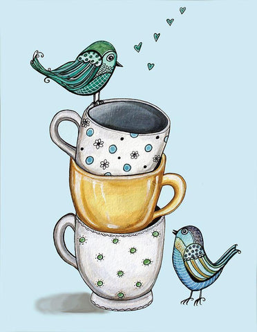 Birds and Teacups White Modern Wood Framed Art Print with Double Matting by Tyndall, Elizabeth