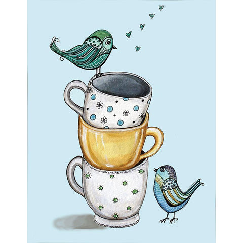 Birds and Teacups Black Modern Wood Framed Art Print with Double Matting by Tyndall, Elizabeth