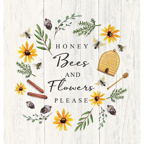 Honey Bees and Flowers Please White Modern Wood Framed Art Print by Tyndall, Elizabeth