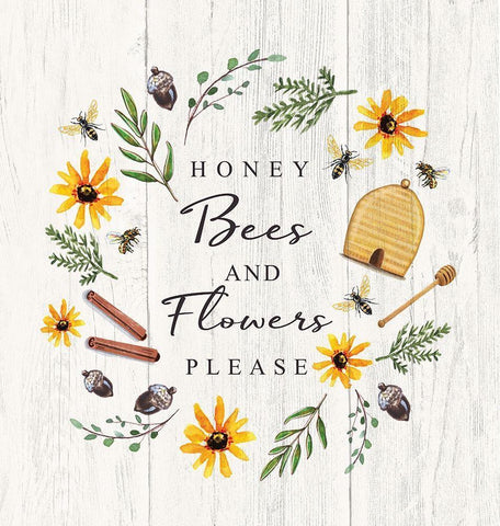 Honey Bees and Flowers Please White Modern Wood Framed Art Print with Double Matting by Tyndall, Elizabeth