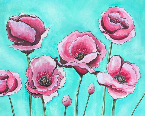 Pink Poppies I White Modern Wood Framed Art Print with Double Matting by Tyndall, Elizabeth