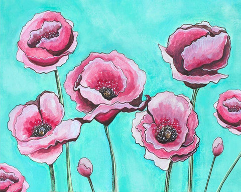 Pink Poppies II White Modern Wood Framed Art Print with Double Matting by Tyndall, Elizabeth