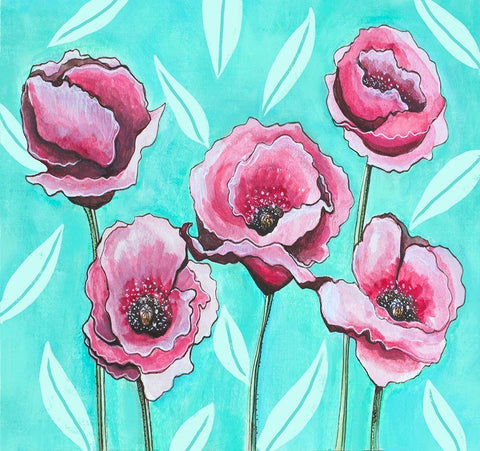 Pink Poppies III White Modern Wood Framed Art Print with Double Matting by Tyndall, Elizabeth