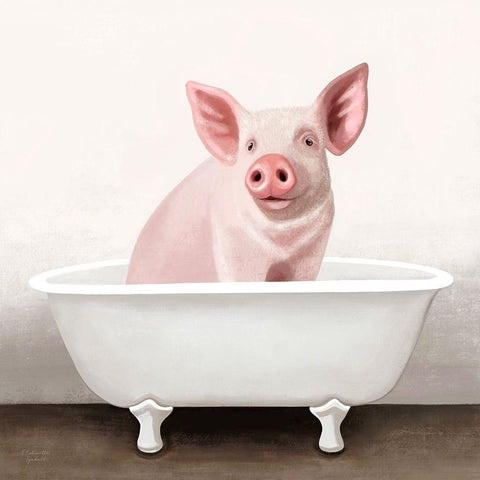 Pig in Bathtub Solo White Modern Wood Framed Art Print with Double Matting by Tyndall, Elizabeth