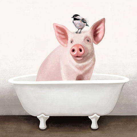 Pig in Bathtub Black Modern Wood Framed Art Print with Double Matting by Tyndall, Elizabeth