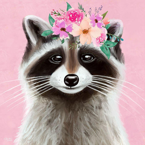 Pink Raccoon White Modern Wood Framed Art Print with Double Matting by Tyndall, Elizabeth