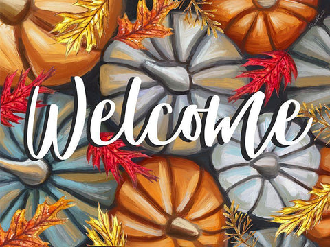 Welcome Pumpkins White Modern Wood Framed Art Print with Double Matting by Tyndall, Elizabeth