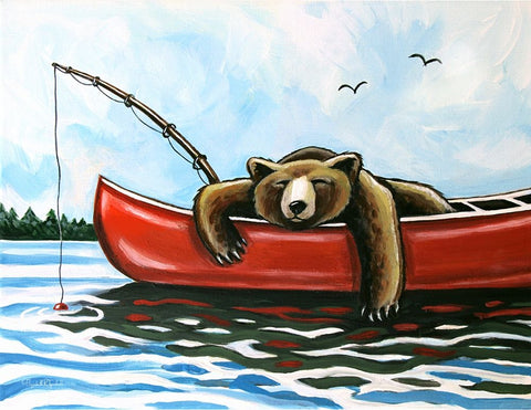 Bear in a Canoe White Modern Wood Framed Art Print with Double Matting by Tyndall, Elizabeth