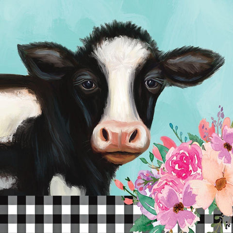 Floral Cow Black Modern Wood Framed Art Print with Double Matting by Tyndall, Elizabeth