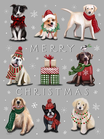 Merry Christmas Dogs White Modern Wood Framed Art Print with Double Matting by Tyndall, Elizabeth