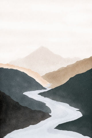 Mountain River White Modern Wood Framed Art Print with Double Matting by JJ Design