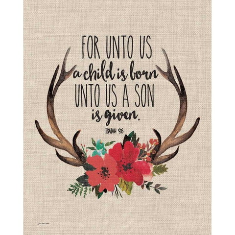 Unto Us Antlers - Linen White Modern Wood Framed Art Print by Moulton, Jo