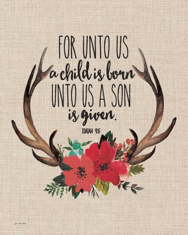 Unto Us Antlers - Linen Black Ornate Wood Framed Art Print with Double Matting by Moulton, Jo