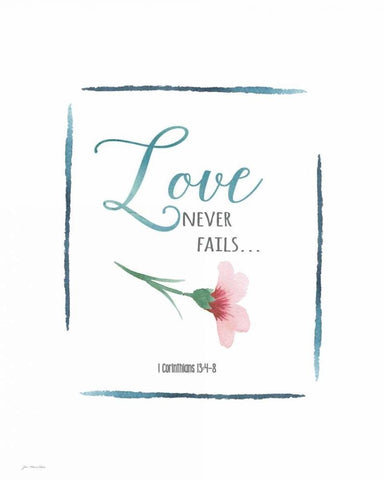 Love Never Fails White Modern Wood Framed Art Print with Double Matting by Moulton, Jo