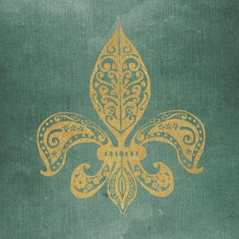 Gold Fleur de Lis Worn Canvas Gold Ornate Wood Framed Art Print with Double Matting by Moulton, Jo