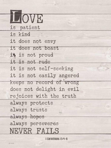 Love Never Fails White Modern Wood Framed Art Print with Double Matting by Moulton, Jo