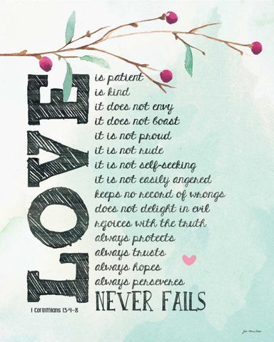 Love Never Fails White Modern Wood Framed Art Print with Double Matting by Moulton, Jo