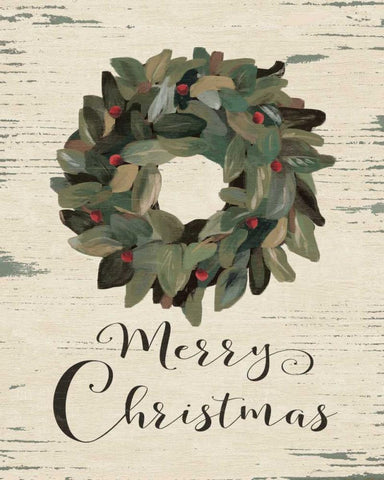 Merry Christmas Wreath White Modern Wood Framed Art Print with Double Matting by Moulton, Jo