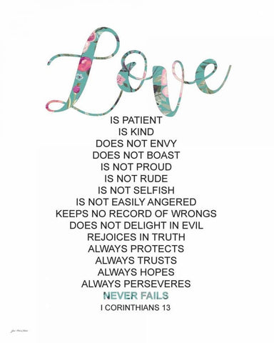 Love Never Fails White Modern Wood Framed Art Print with Double Matting by Moulton, Jo