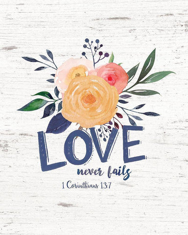 Love Never Fails White Modern Wood Framed Art Print with Double Matting by Moulton, Jo