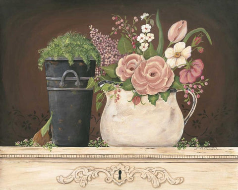 Floral with Black Bucket Black Ornate Wood Framed Art Print with Double Matting by Moulton, Jo