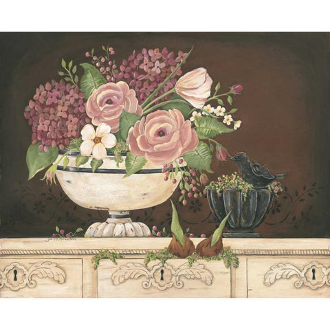 Floral With Black Bird Gold Ornate Wood Framed Art Print with Double Matting by Moulton, Jo