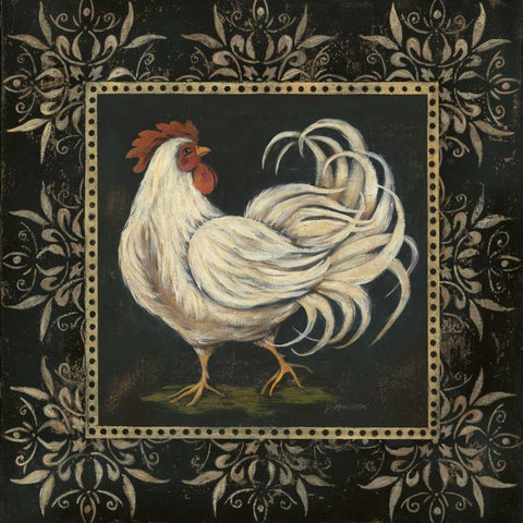 Black and White Rooster II White Modern Wood Framed Art Print with Double Matting by Moulton, Jo