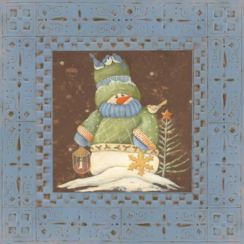 Blue Tin Snowman Black Ornate Wood Framed Art Print with Double Matting by Moulton, Jo