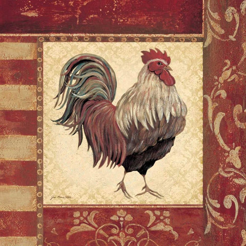 Red Rooster I Black Ornate Wood Framed Art Print with Double Matting by Moulton, Jo