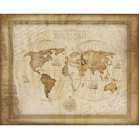 World Map Gold Ornate Wood Framed Art Print with Double Matting by Pugh, Jennifer