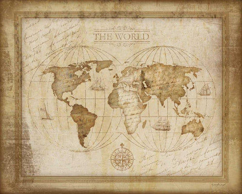 World Map Black Ornate Wood Framed Art Print with Double Matting by Pugh, Jennifer