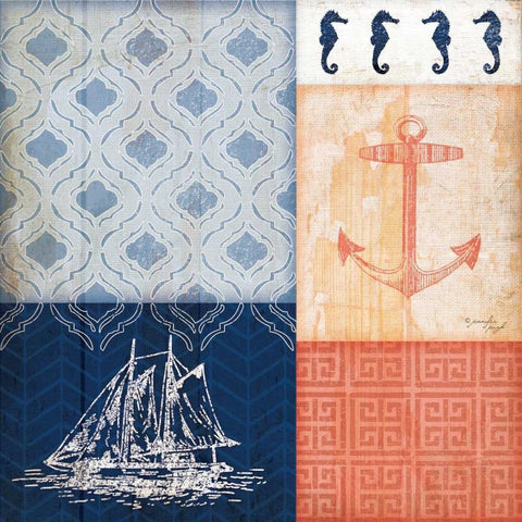 Coral and Navy Coastal White Modern Wood Framed Art Print by Pugh, Jennifer