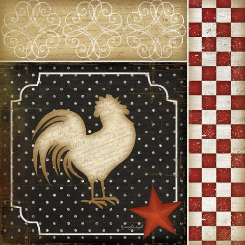 Country Kitchen - Rooster Black Ornate Wood Framed Art Print with Double Matting by Pugh, Jennifer