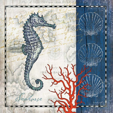 Coastal Blue Seahorse Black Modern Wood Framed Art Print with Double Matting by Pugh, Jennifer