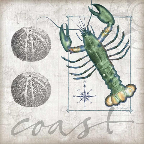 Coastal Lobster Gold Ornate Wood Framed Art Print with Double Matting by Pugh, Jennifer