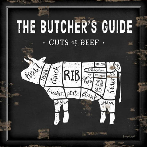 Butchers Guide Cow Black Ornate Wood Framed Art Print with Double Matting by Pugh, Jennifer
