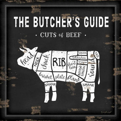 Butchers Guide Cow Black Modern Wood Framed Art Print with Double Matting by Pugh, Jennifer