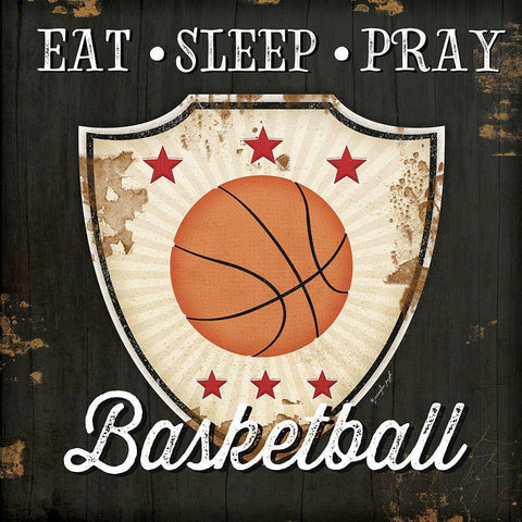 Eat, Sleep, Pray, Basketball Black Modern Wood Framed Art Print by Pugh, Jennifer