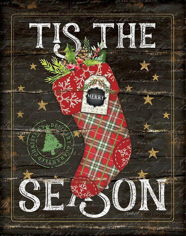 Tis the Season Stocking Black Ornate Wood Framed Art Print with Double Matting by Pugh, Jennifer