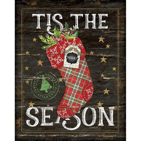 Tis the Season Stocking Gold Ornate Wood Framed Art Print with Double Matting by Pugh, Jennifer