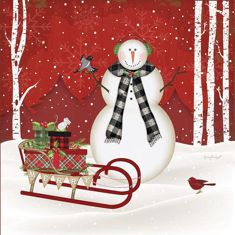 Merry Snowman Black Modern Wood Framed Art Print with Double Matting by Pugh, Jennifer