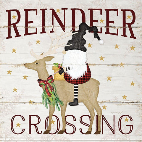 Gnome Reindeer Crossing White Modern Wood Framed Art Print by Pugh, Jennifer