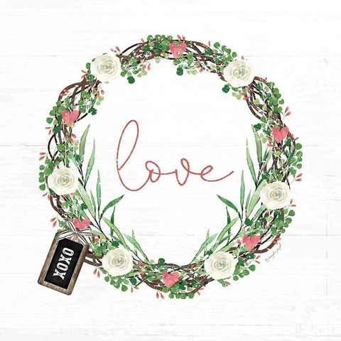 Pink Love Wreath Black Ornate Wood Framed Art Print with Double Matting by Pugh, Jennifer