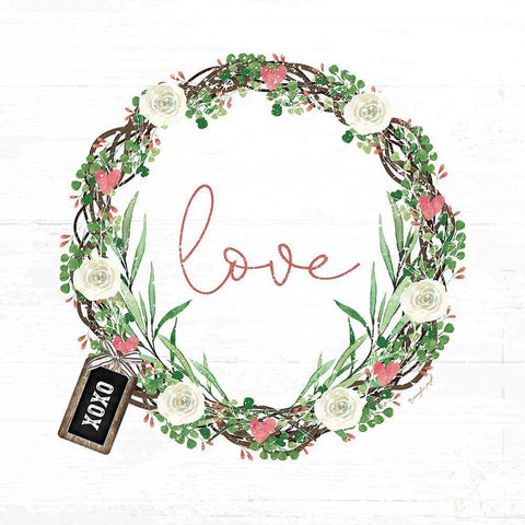 Pink Love Wreath White Modern Wood Framed Art Print by Pugh, Jennifer