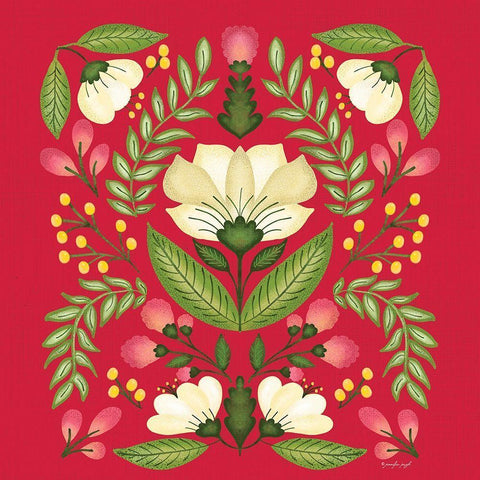 Folk Floral in Red White Modern Wood Framed Art Print by Pugh, Jennifer