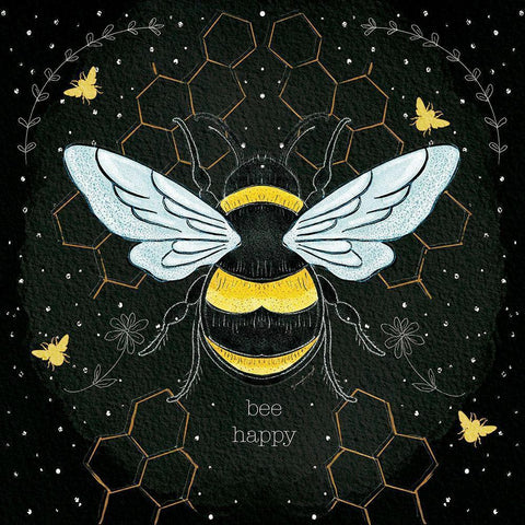 Bee Happy Black Modern Wood Framed Art Print with Double Matting by Pugh, Jennifer