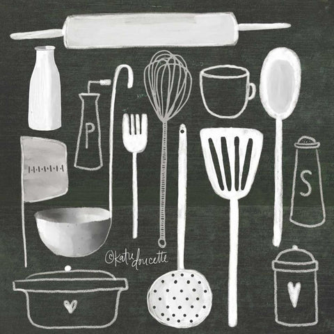 Kitchen Utensils Black Ornate Wood Framed Art Print with Double Matting by Doucette, Katie