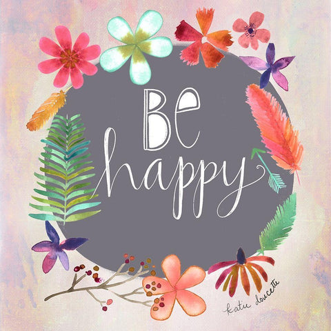 Be Happy Black Ornate Wood Framed Art Print with Double Matting by Doucette, Katie