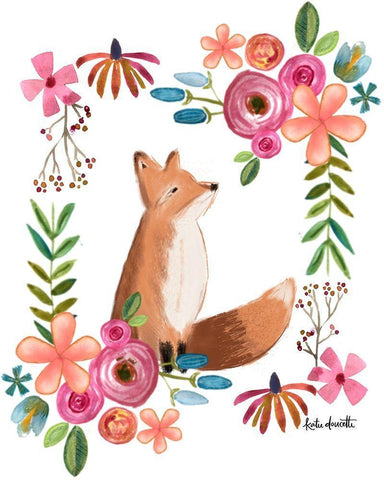 Floral Fox White Modern Wood Framed Art Print with Double Matting by Doucette, Katie